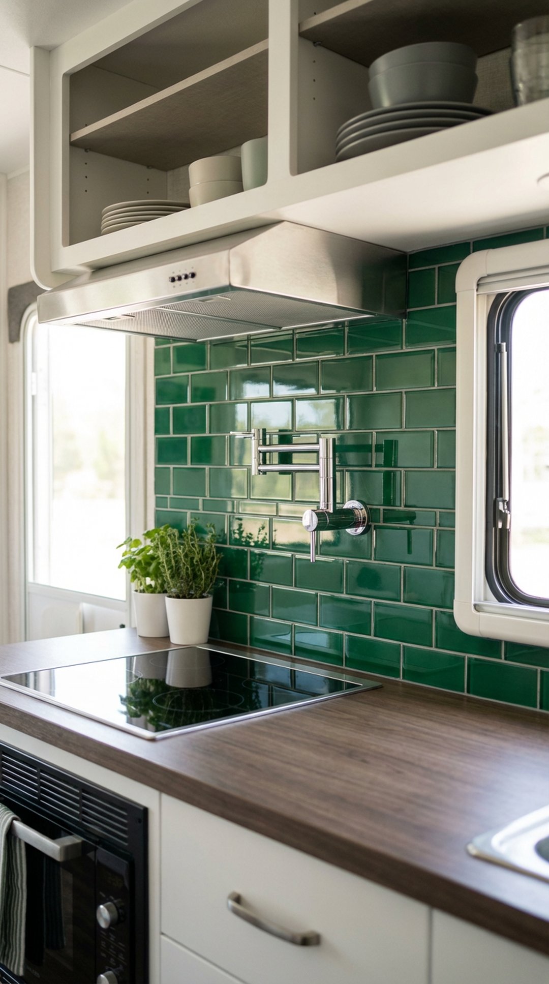 Green glass backsplash in RV kitchen