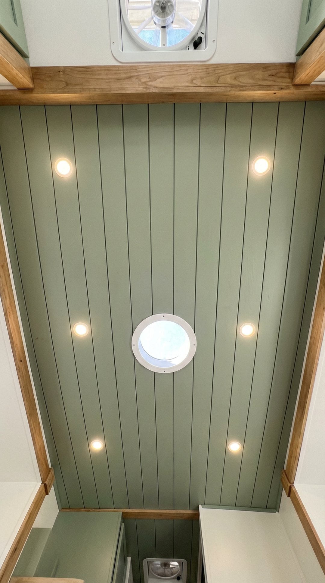 Green shiplap ceiling in RV