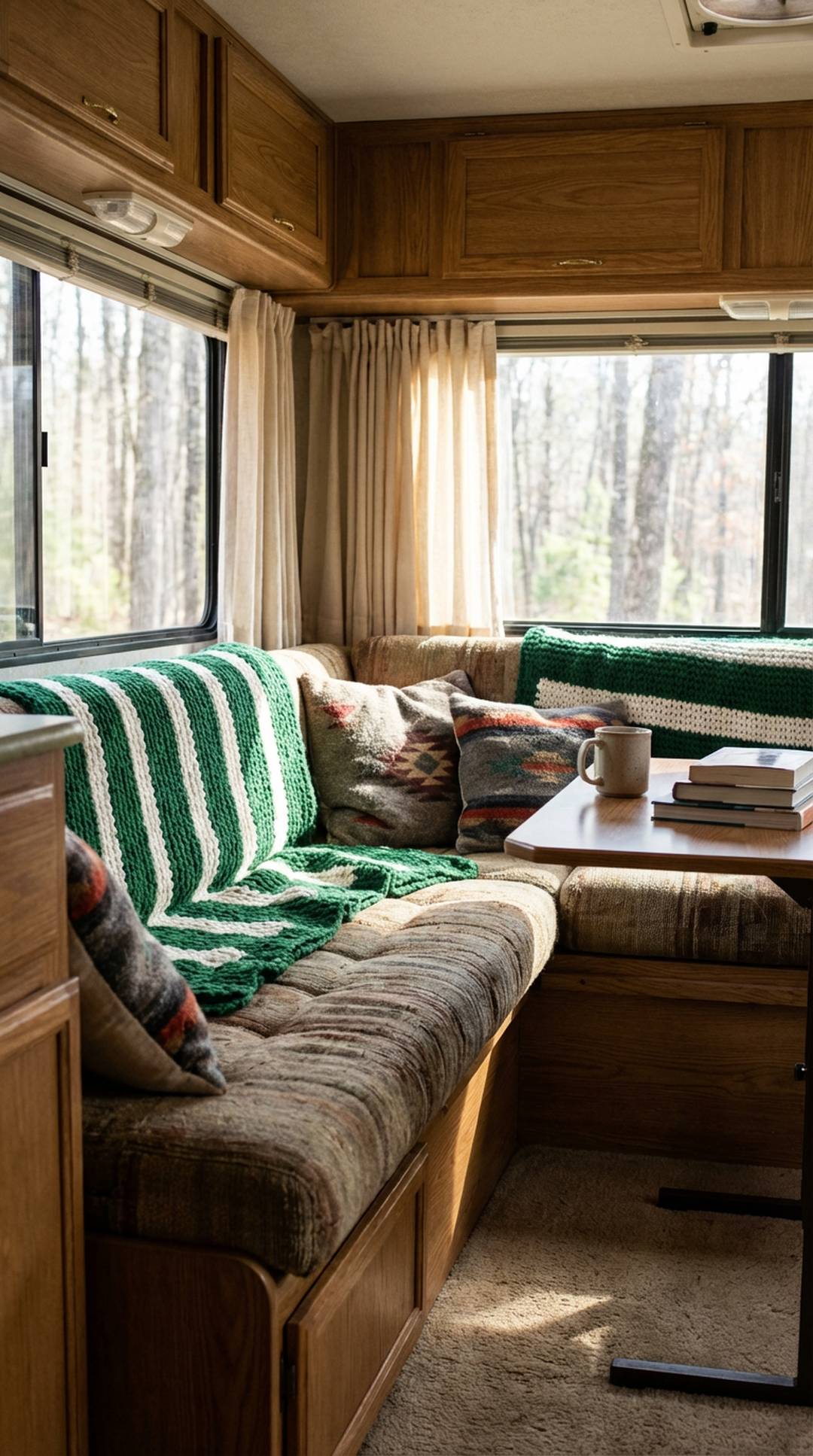 Green and white striped throw blankets in RV