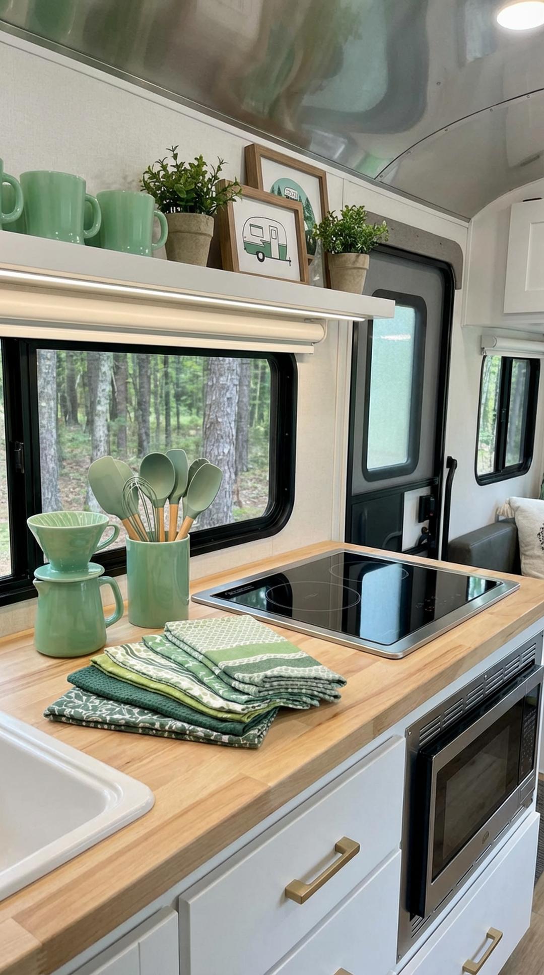 Jade green kitchen accessories in RV