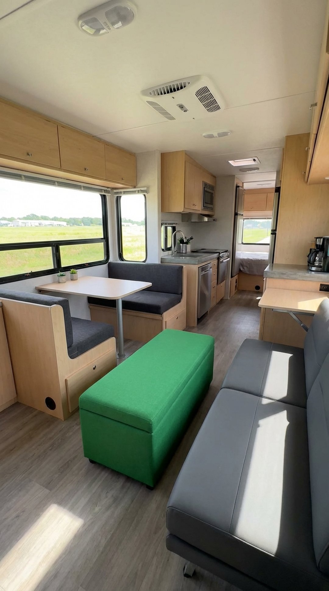 Kelly green storage ottoman in RV