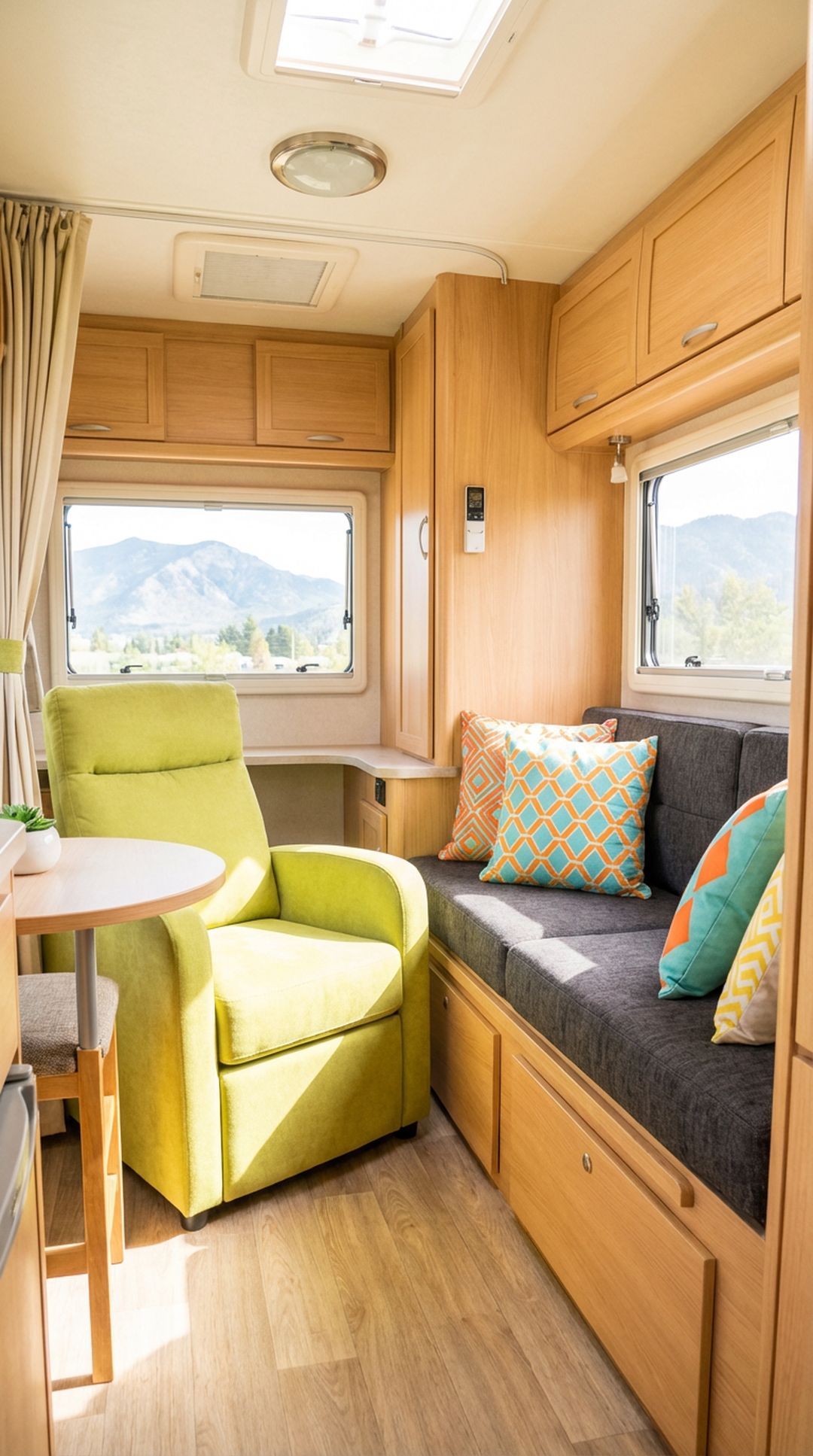 Lime green accent chair in RV living area