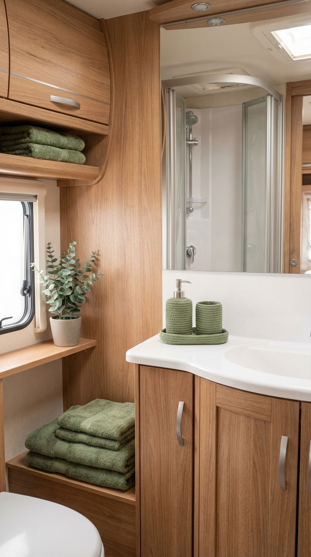 Moss green towels and bathroom accessories in RV