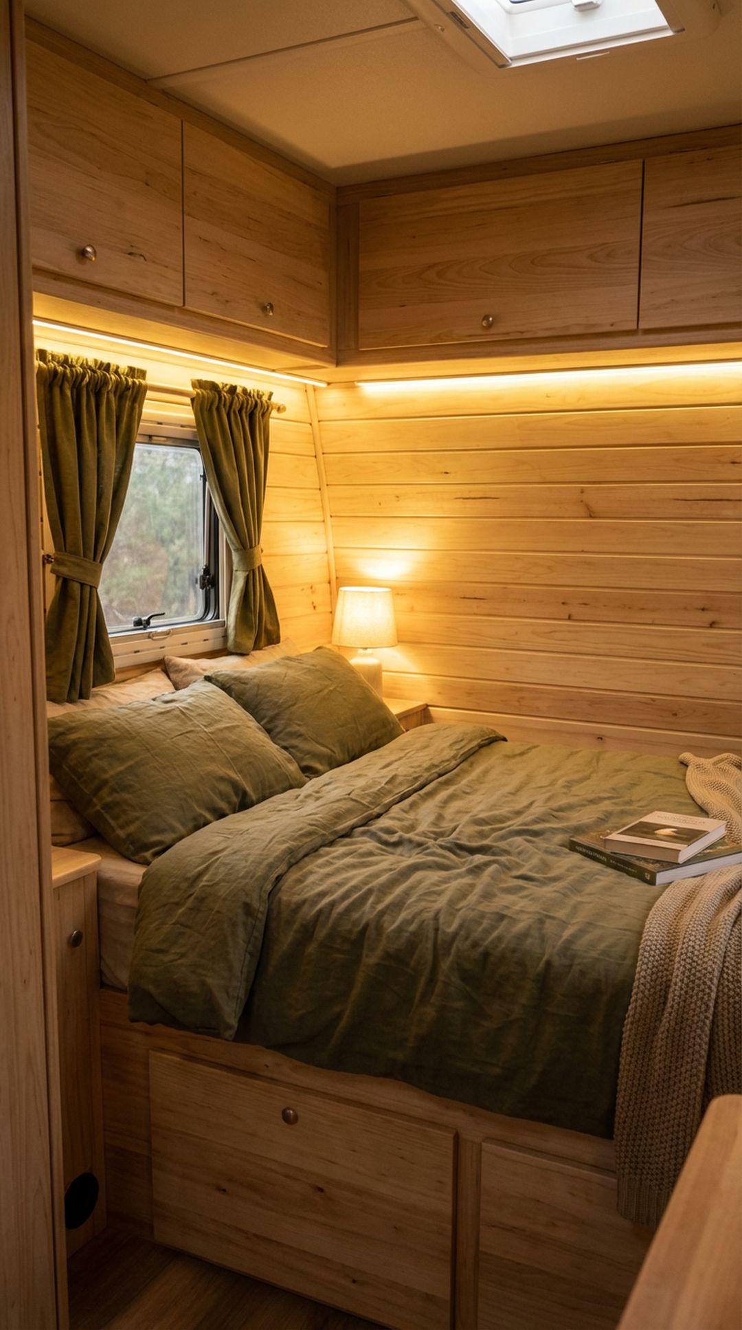 Olive green bedding in RV bedroom