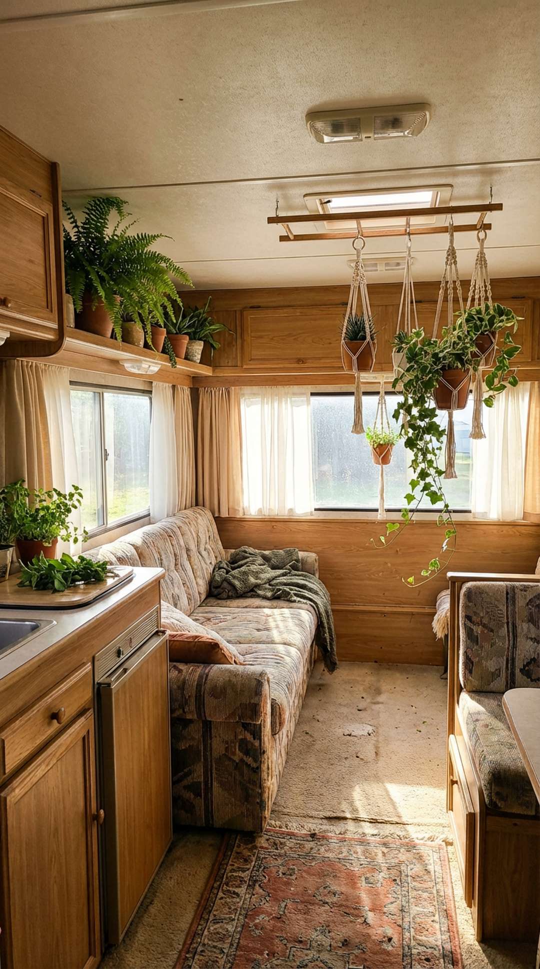 Potted plants and hanging greenery in RV