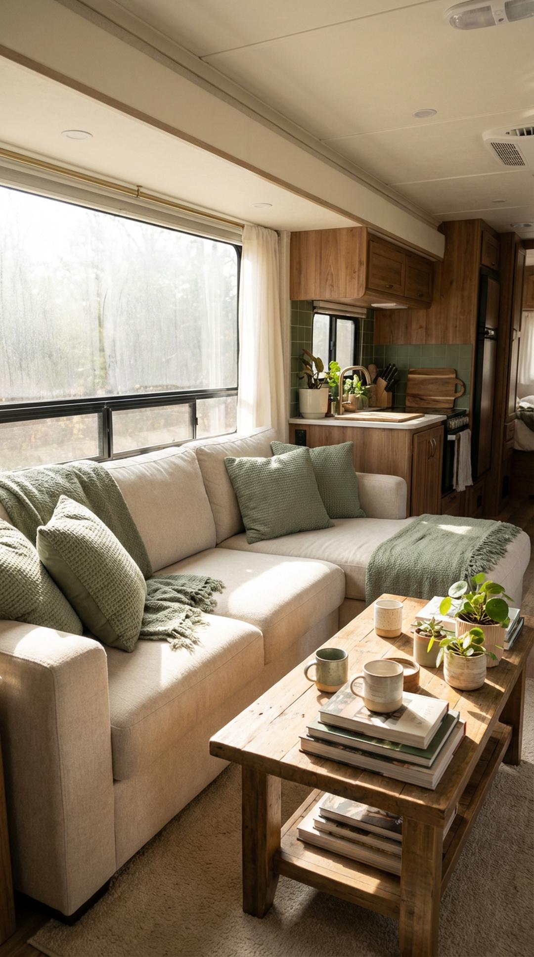 Sage green throw pillows on RV sofa