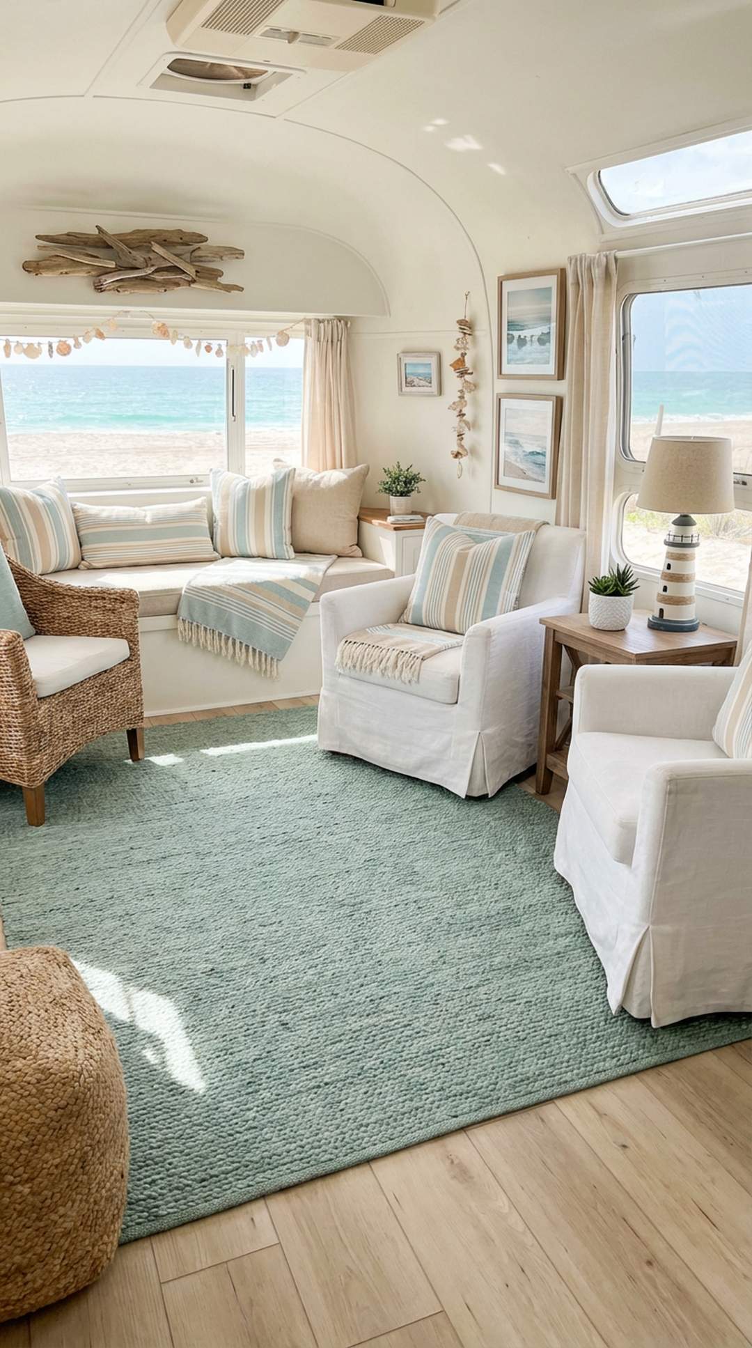 Seafoam green area rug in RV living room