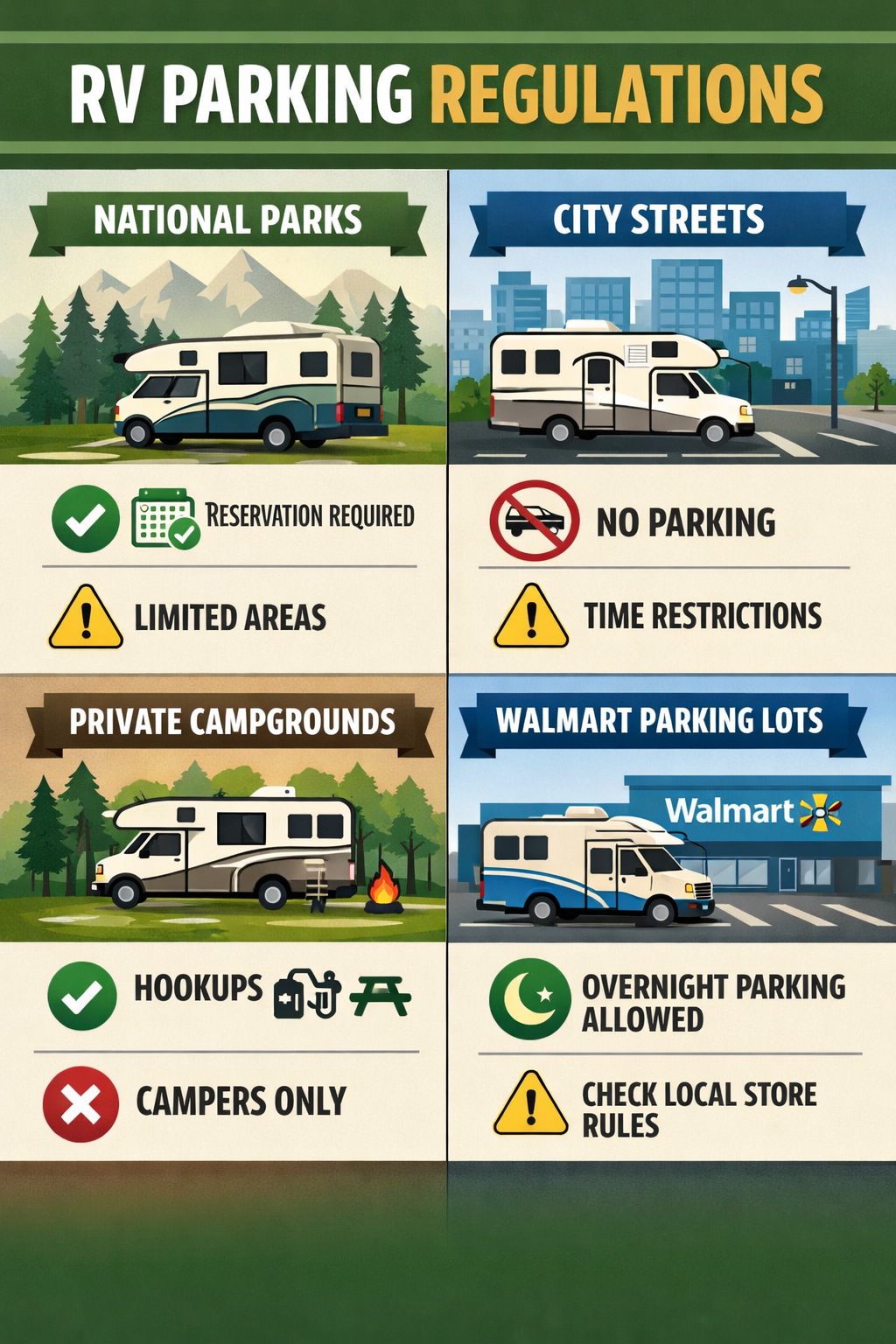 Portrait format (1024x1536) infographic showing RV parking regulations across different locations - split into four quadrants featuring nati