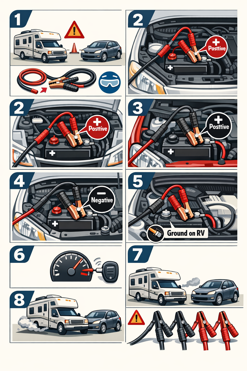 Don't use text on the cover image. Portrait format (1024x1536) detailed infographic showing step-by-step RV jump start process with car, fea