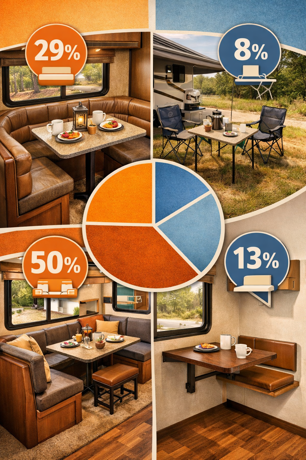 Don't use text on the cover image. Portrait/Pinterest format (1024x1536) detailed image showing split-screen comparison of four RV dining co