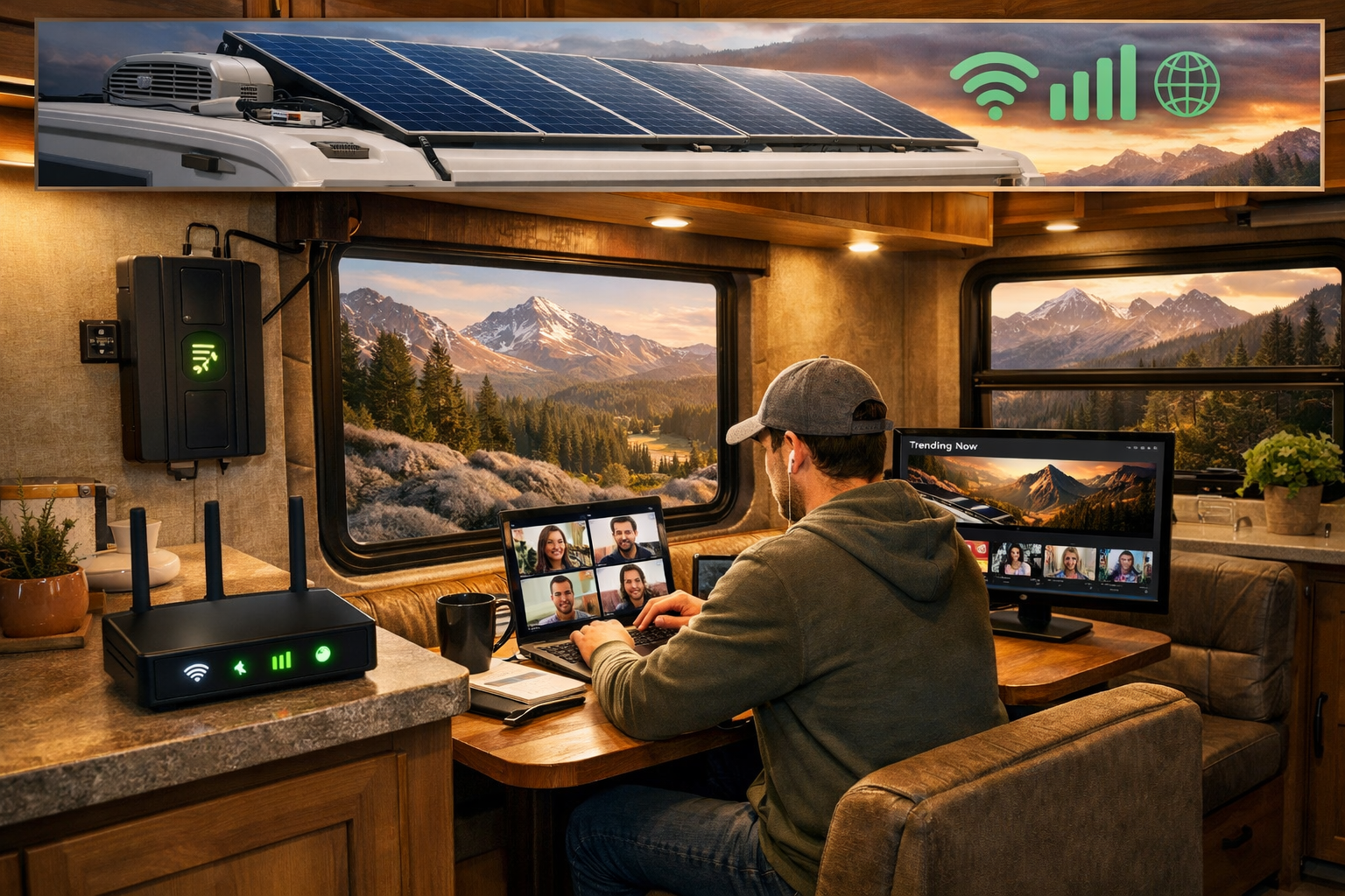 Landscape editorial image (1536x1024) depicting RV interior setup for remote work and streaming: cozy living space with person video confere