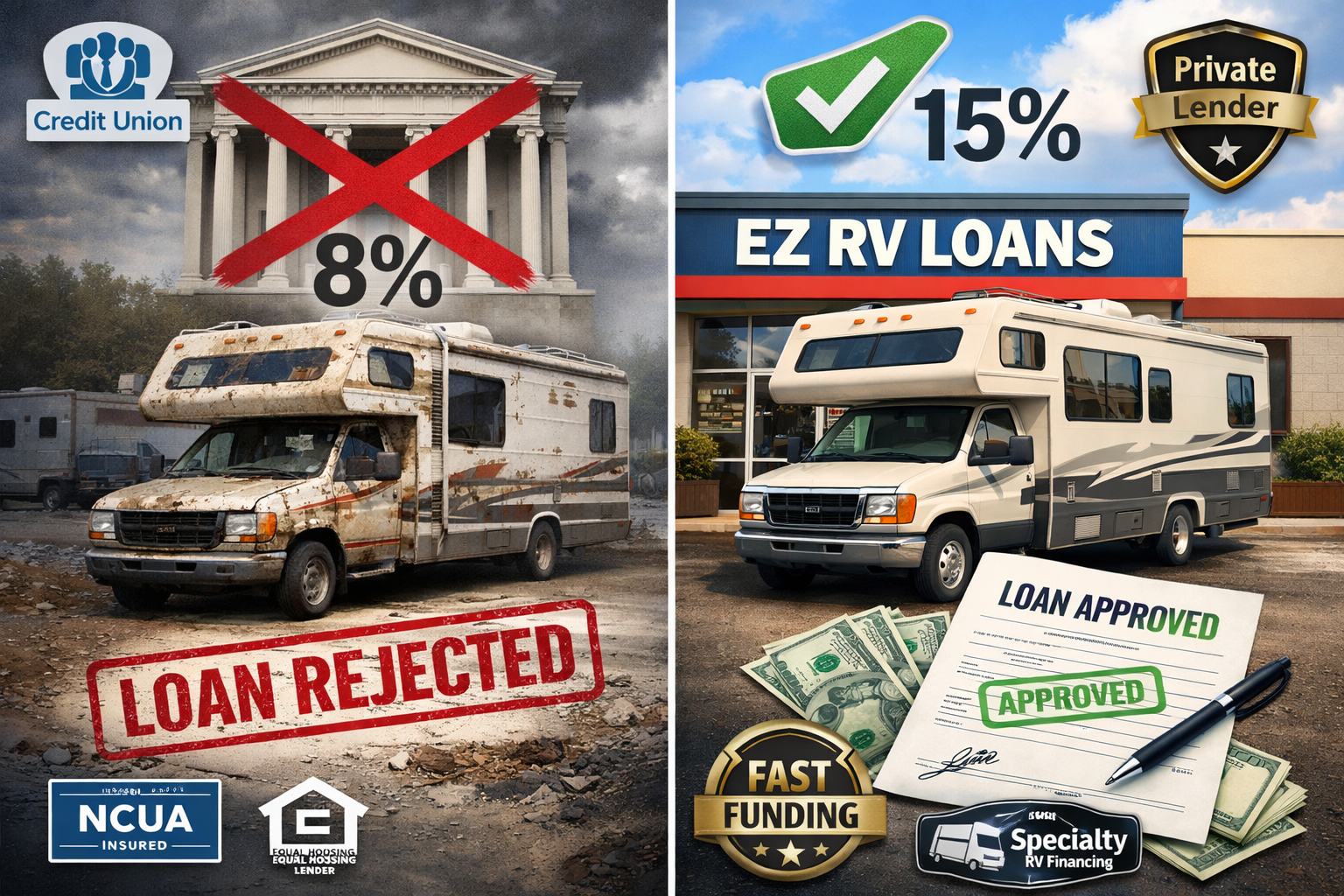 Portrait format (1024x1536) comparison chart showing traditional bank building crossed out with red X versus alternative lender storefront w
