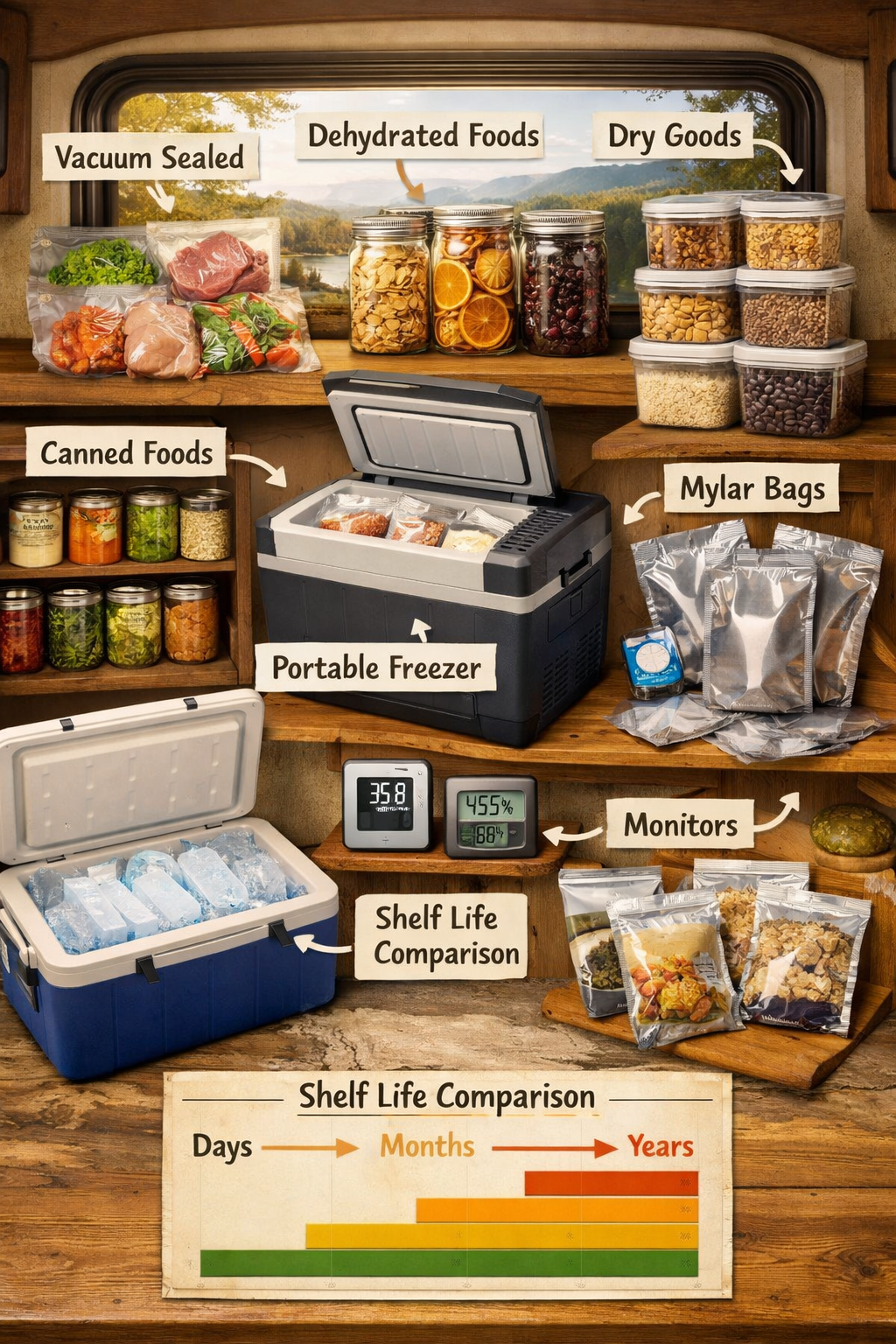 Don't use text on the cover image. Portrait/Pinterest format (1024x1536) comprehensive visual guide displaying multiple RV food preservation