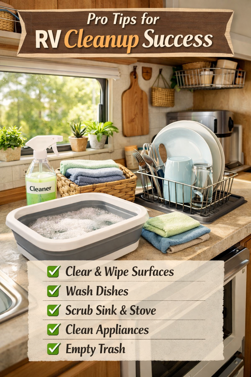 Portrait/Pinterest format (1024x1536) lifestyle image of organized RV kitchen showing expert cleaning setup: collapsible dish tub with soapy