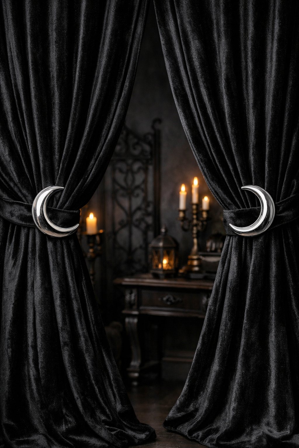 Black velvet curtains held back by silver crescent moon tiebacks in a dark room with subtle decorative elements.
