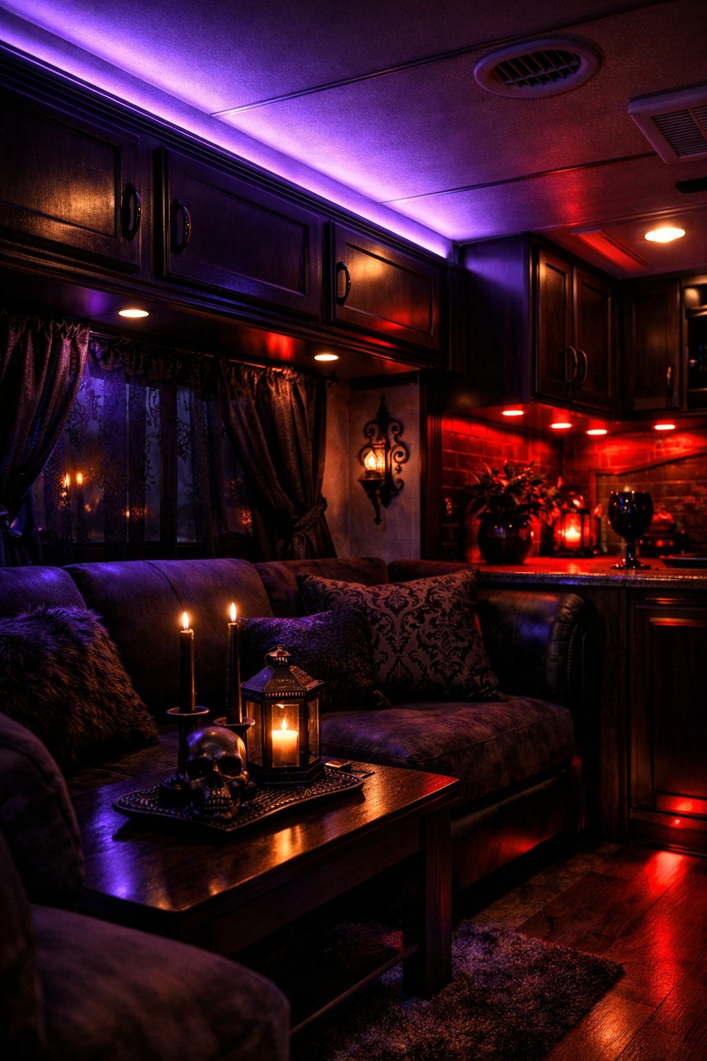 Interior of an RV lit with purple and red LED strip lights, featuring dark furniture and gothic-inspired decorations.