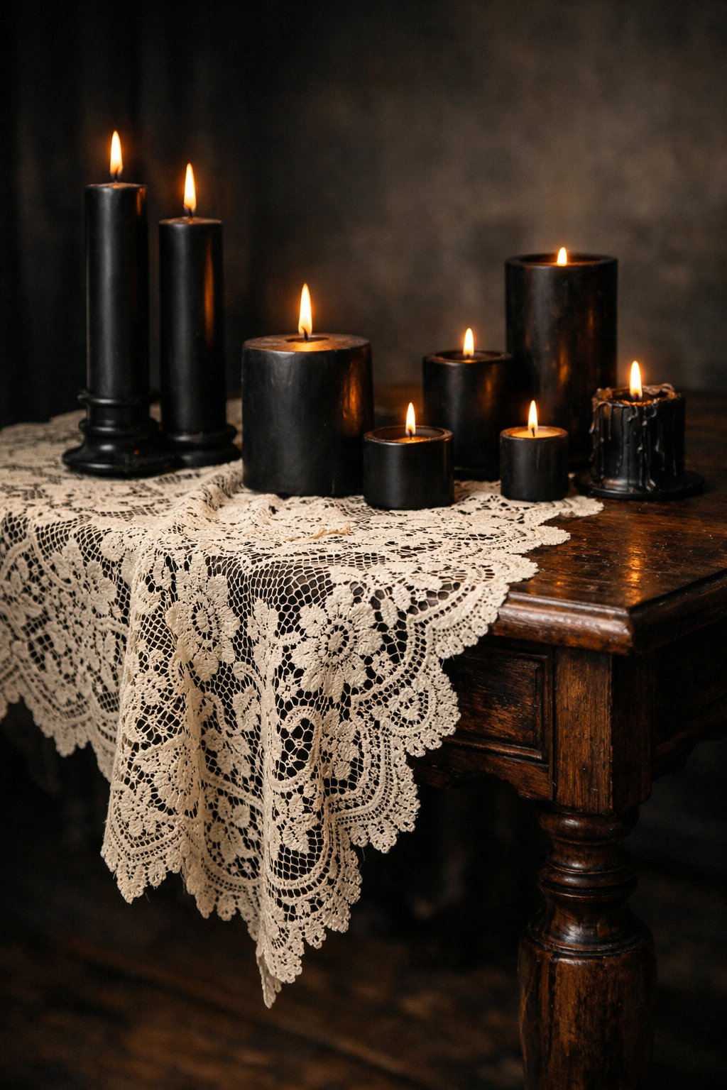 A wooden table covered with a vintage lace tablecloth holding several black candles, some lit, in a dimly lit room.