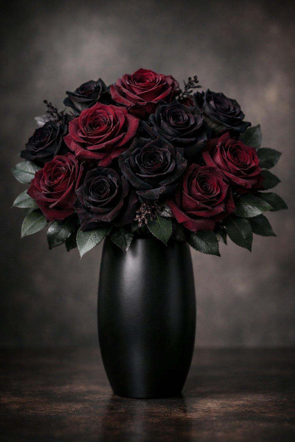 A bouquet of dark roses in a black vase on a blurred dark background.