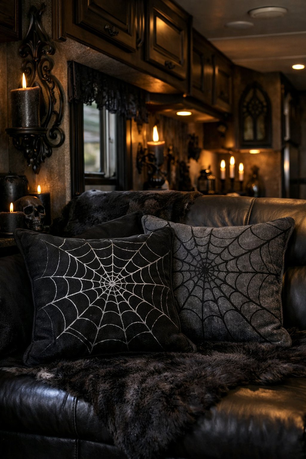 A cozy RV seating area with throw pillows featuring cobweb patterns and dark decorative accents.