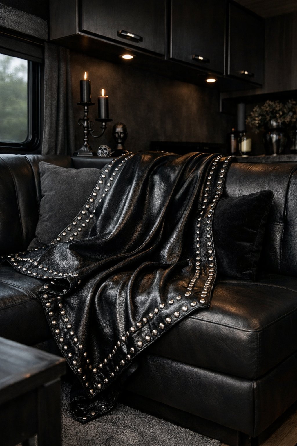 Black leather throw blanket with silver studs draped over seating inside a dark RV interior.