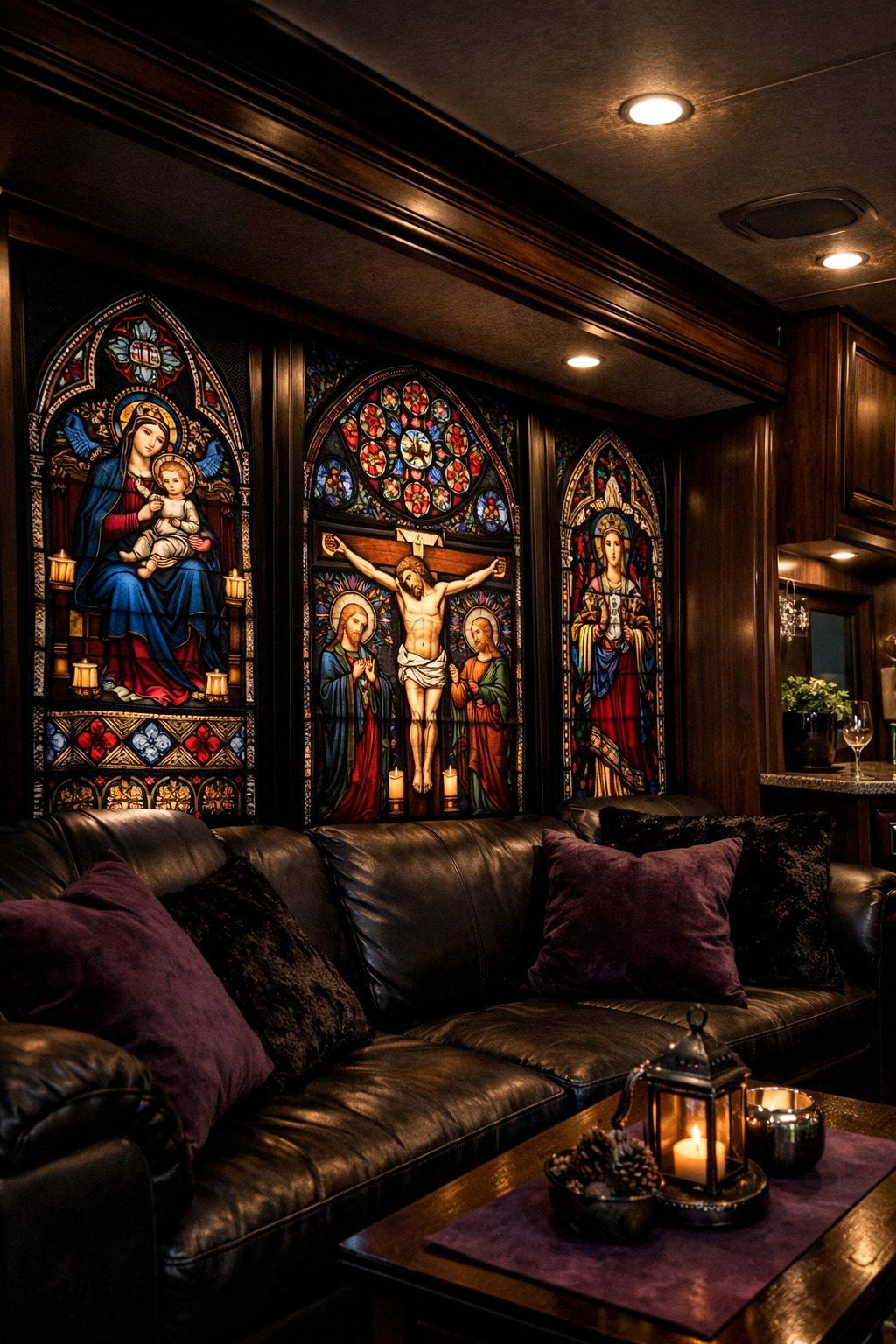 Interior of an RV with colorful stained glass window decals depicting Gothic patterns, surrounded by dark wood and plush cushions.