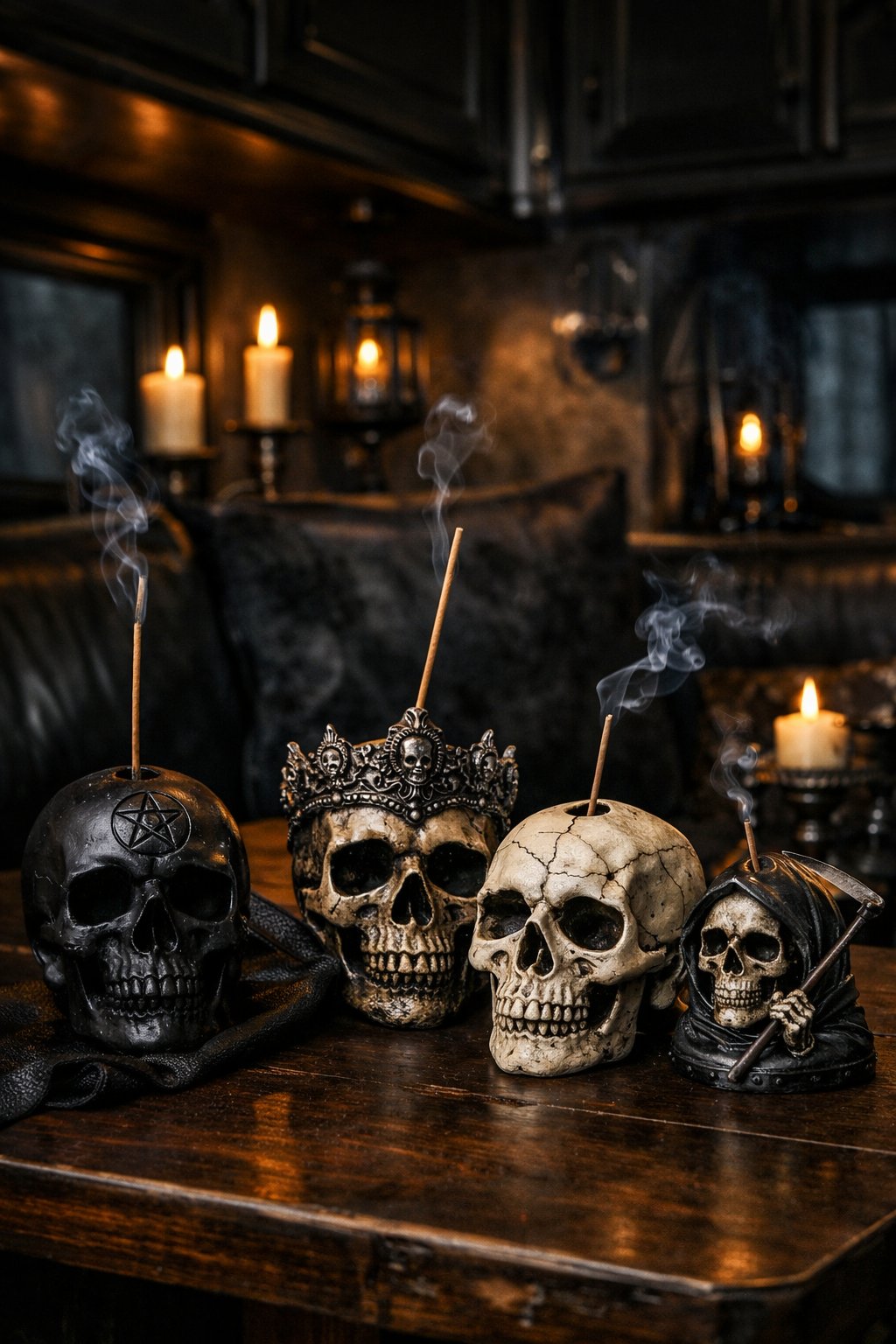 Skull-shaped incense holders with smoke on a wooden surface inside a decorated RV interior.