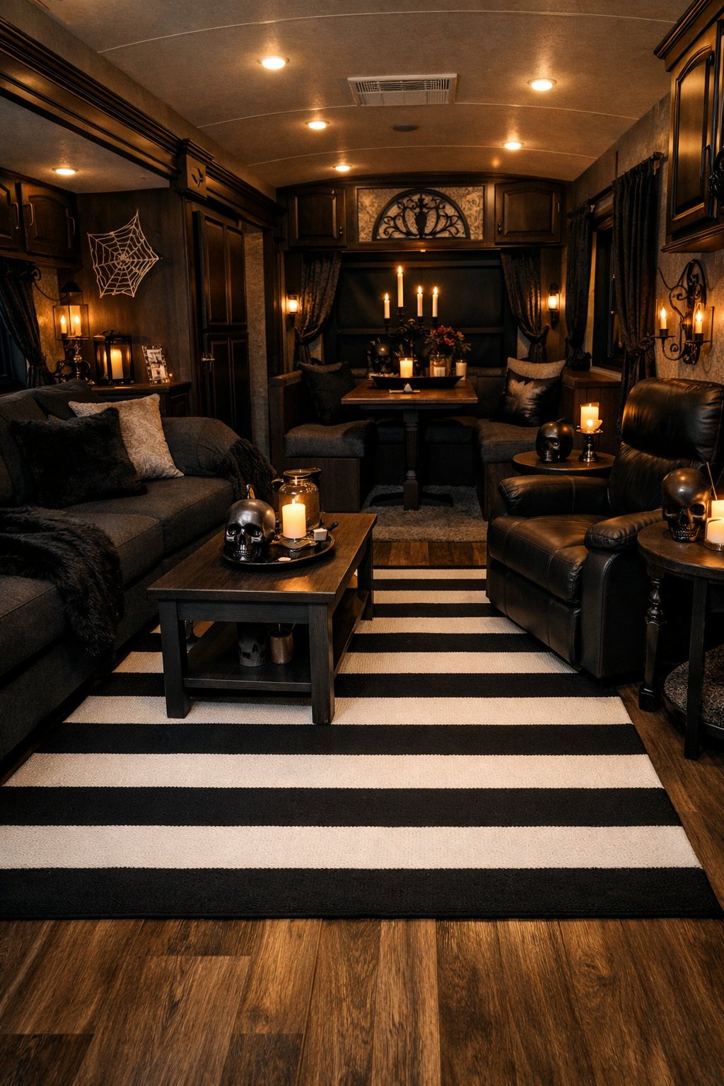 Interior of an RV living area with black and white striped rugs on the floor and dark furniture around.