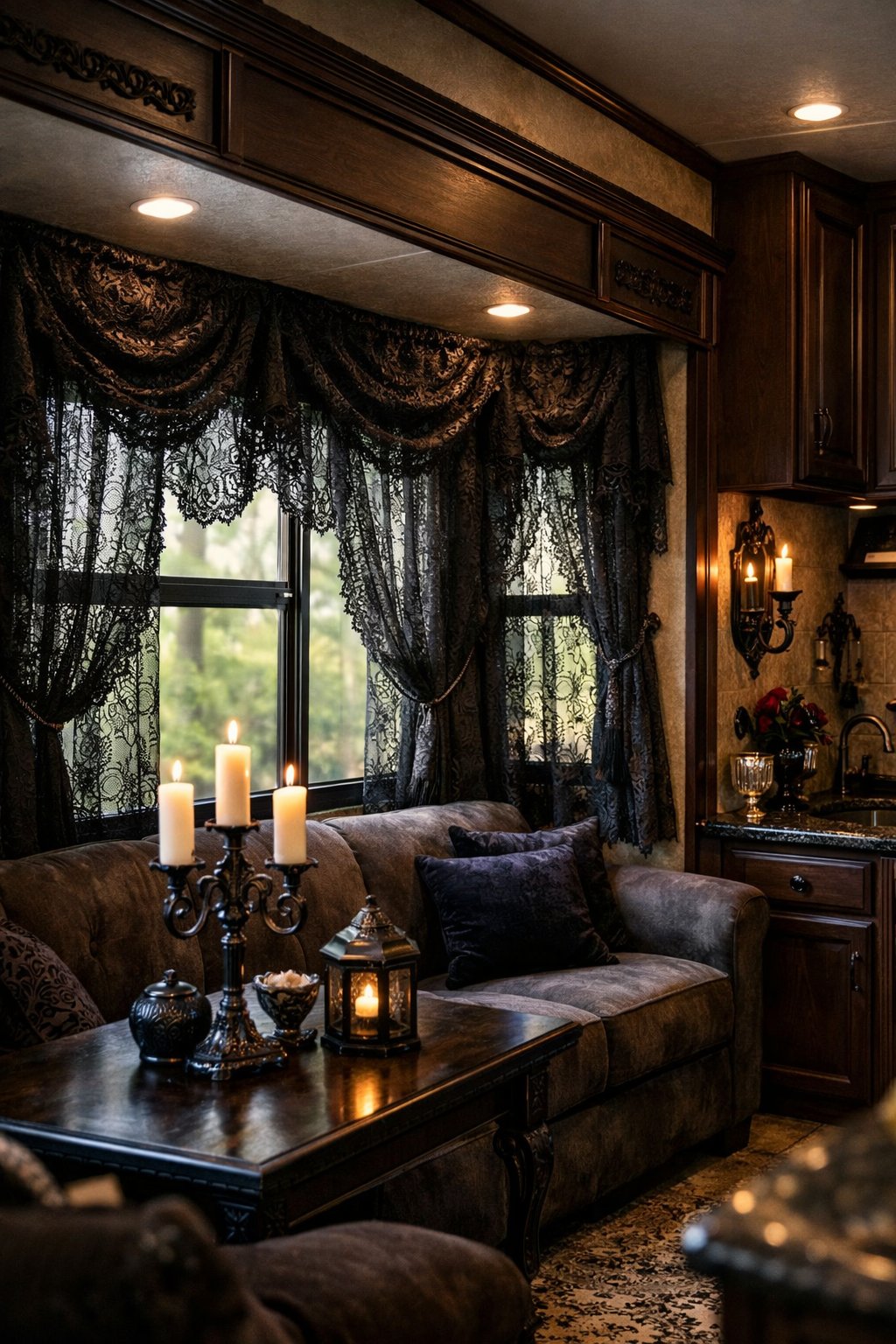 Interior of an RV with black lace curtains over windows, dark upholstery, and gothic-style decorative accents creating a cozy atmosphere.