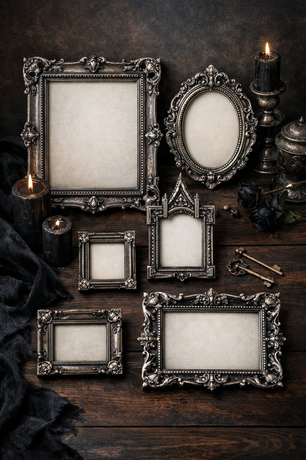 A collection of oxidized silver picture frames with intricate designs arranged on a dark wooden surface surrounded by candles and fabric.
