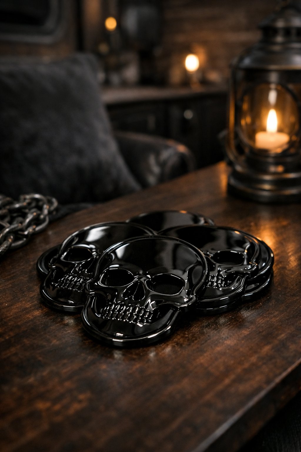 Black skull-shaped coasters placed on a dark wooden table with gothic decor elements in the background.