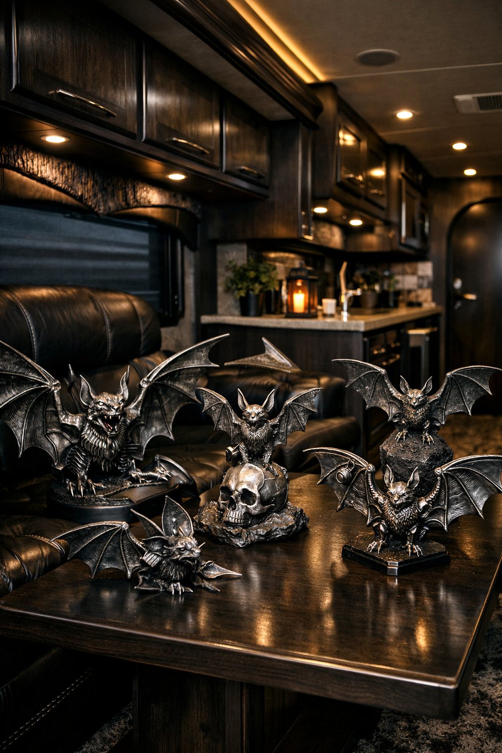 Interior of an RV with metal bat sculptures displayed and dark, stylish furnishings.