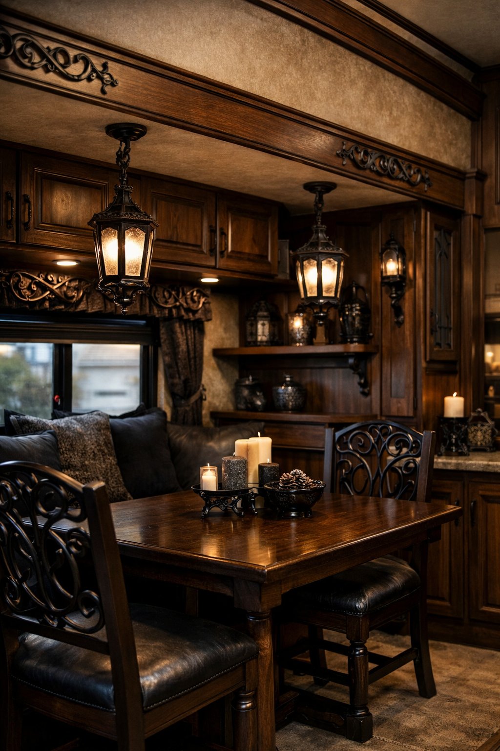 Interior of an RV featuring dark wood furniture with wrought iron accents, including a table, chairs, and cabinetry.