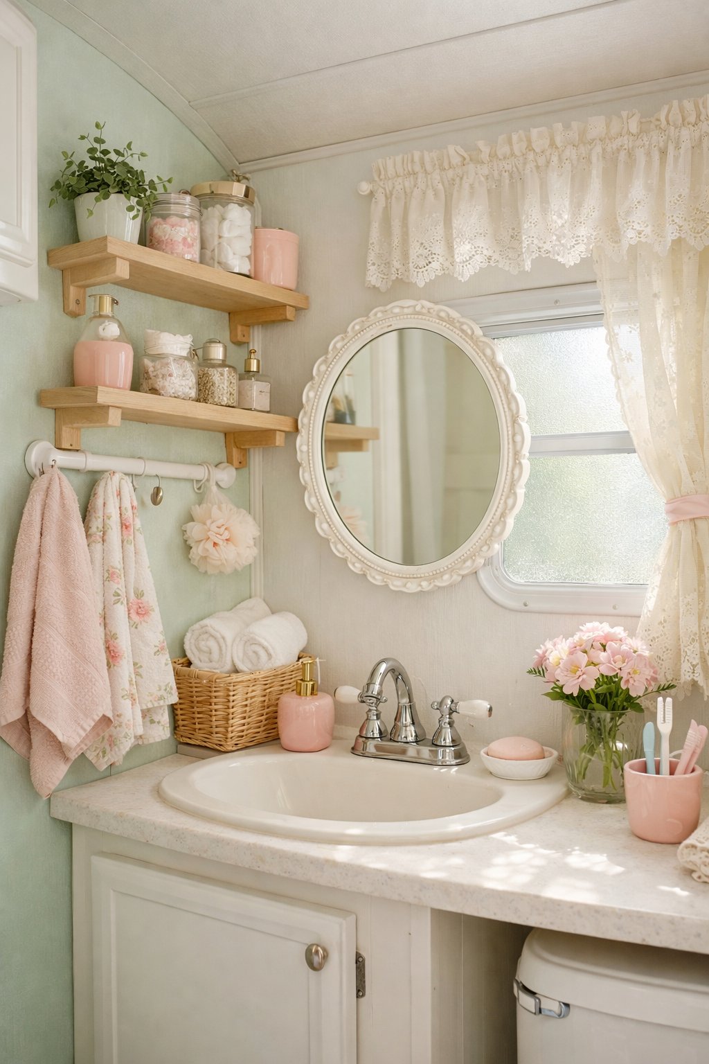 A small camper bathroom with a white sink, round mirror, wooden shelves with plants and toiletries, soft natural light, and pastel green and pink colors.