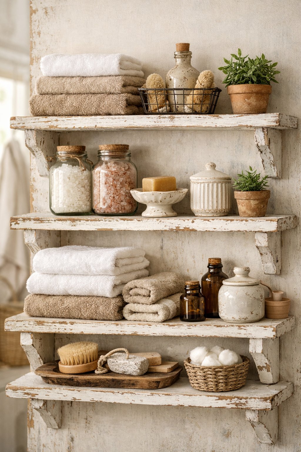 White wooden shelves holding towels, jars, plants, and bathroom items in a bright bathroom.