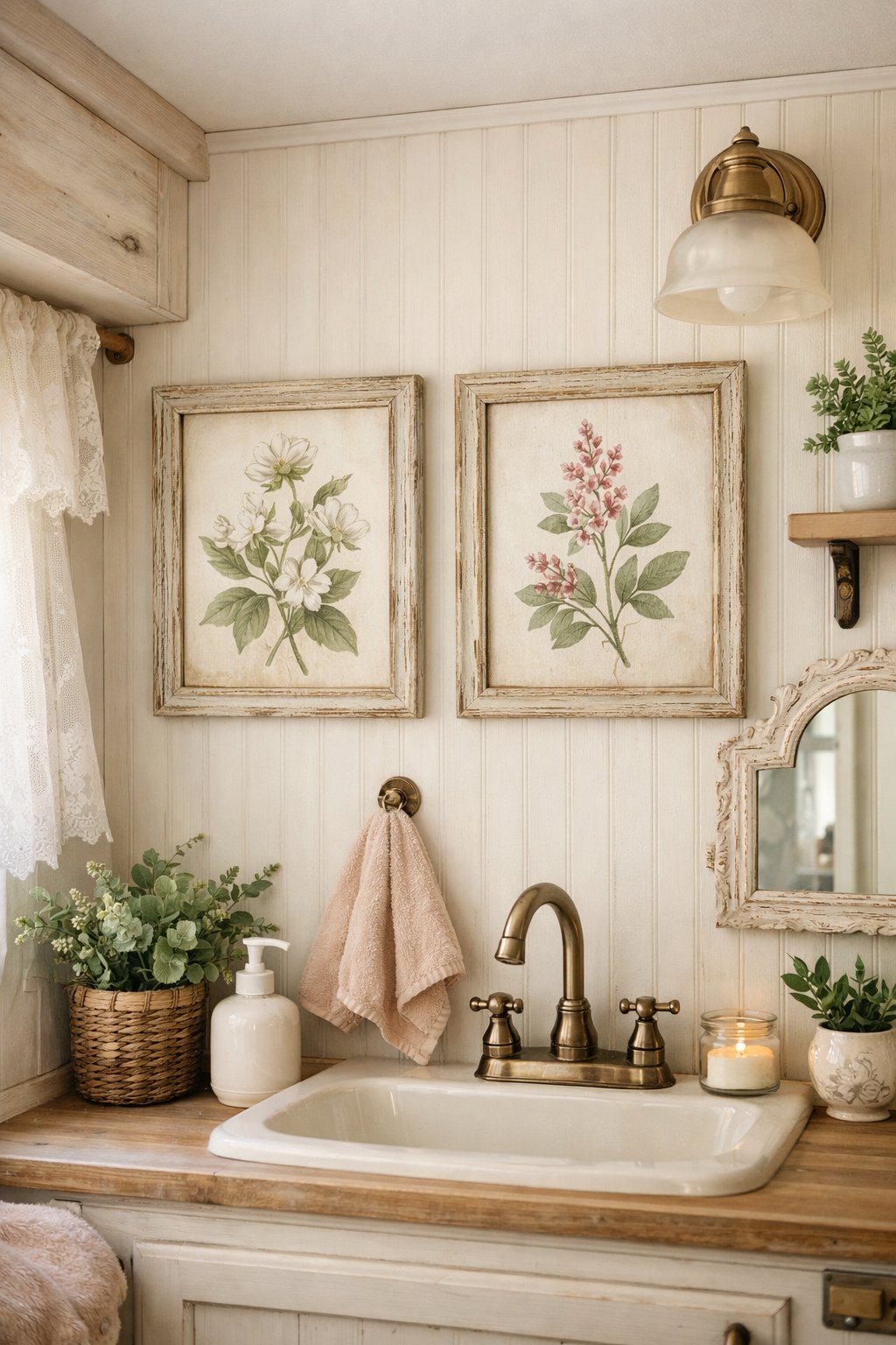 A cozy camper bathroom with framed botanical prints on the wall, a small sink, a decorative mirror, and natural light illuminating the space.