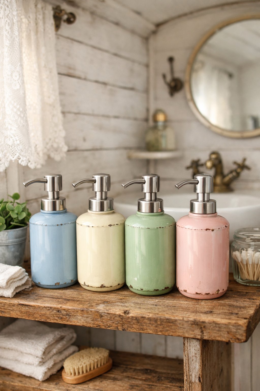 A rustic bathroom shelf displaying several vintage enamel soap dispensers with soft lighting and bathroom accessories in a small camper setting.