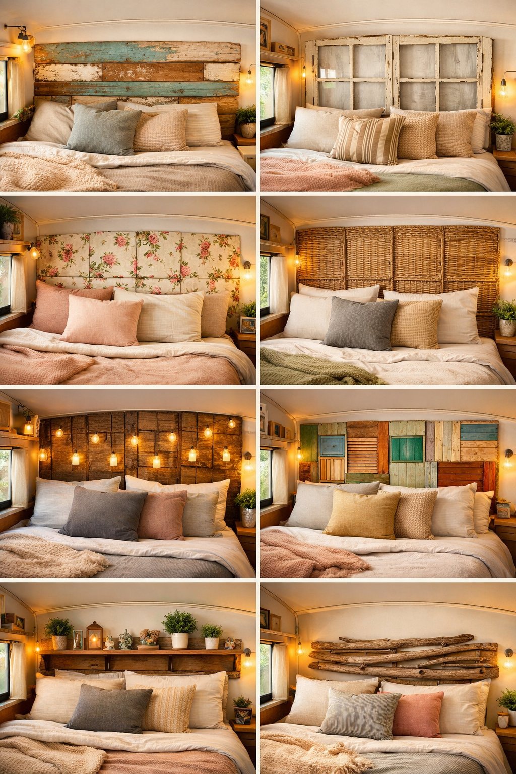 Interior of a camper bed area displaying eight different creative headboard designs with various materials and decorations, surrounded by cozy bedding and warm lighting.