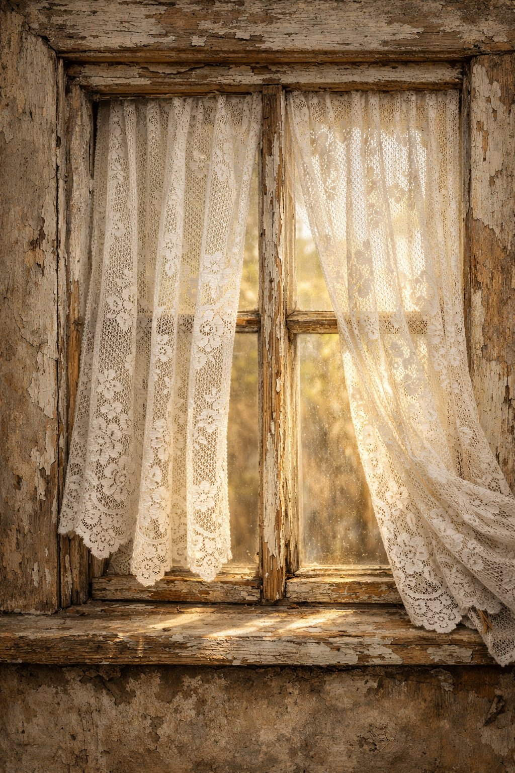 An old wooden window frame with white lace curtains letting in soft sunlight.