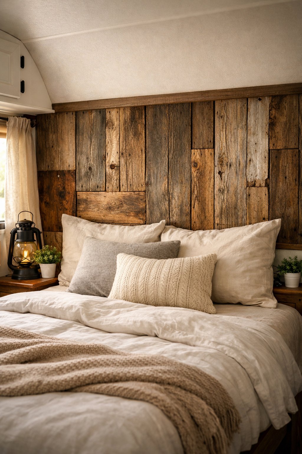 A camper bedroom with a bed featuring a headboard made of reclaimed barn wood panels, soft bedding, and natural light coming through a window.