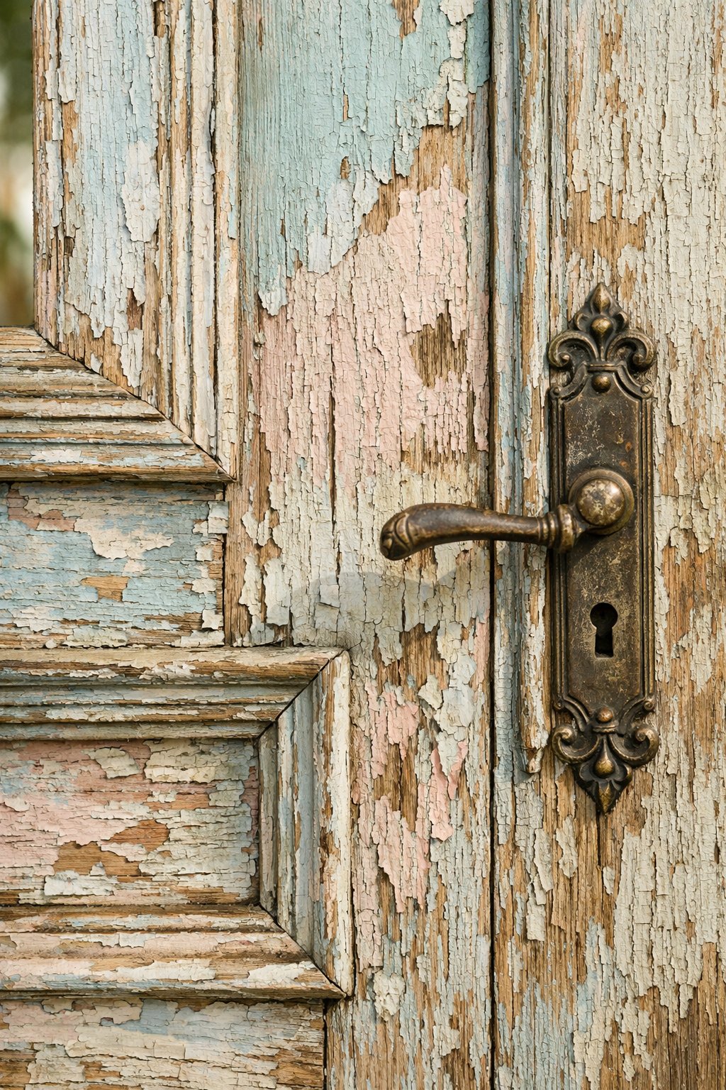 Close-up of an old wooden door with peeling paint and visible wood texture.