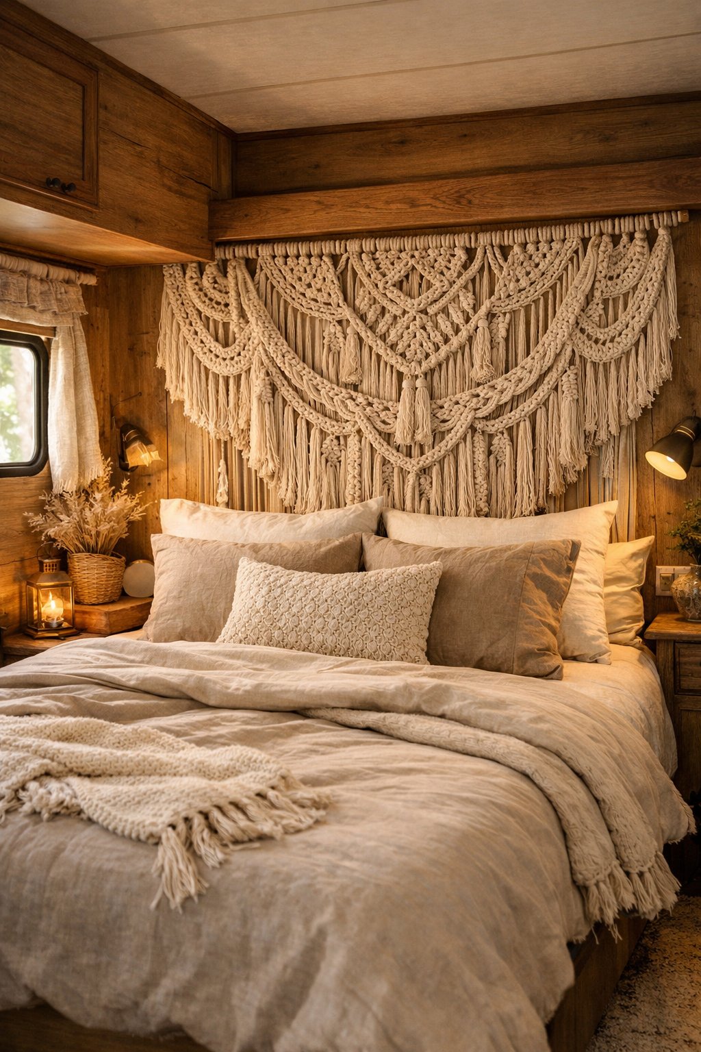 A cozy camper bedroom with a bed featuring a large macrame wall hanging as a headboard.
