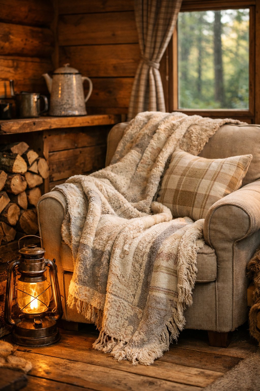 A cozy cabin interior with a soft blanket draped over an armchair, wooden walls, firewood, a lantern, and a window showing trees outside.