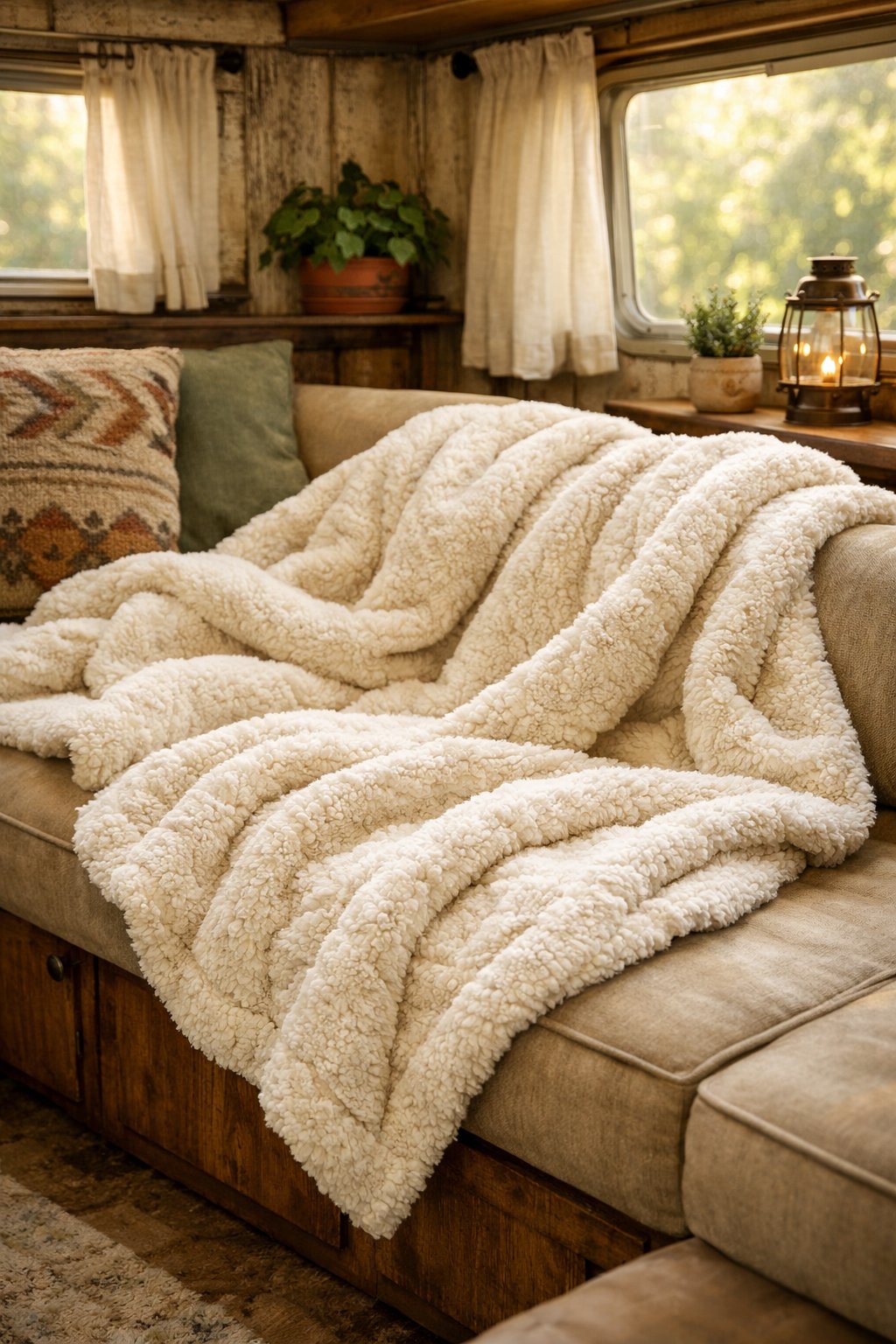 A plush sherpa throw blanket draped over a seat inside a vintage camper with warm, natural lighting.