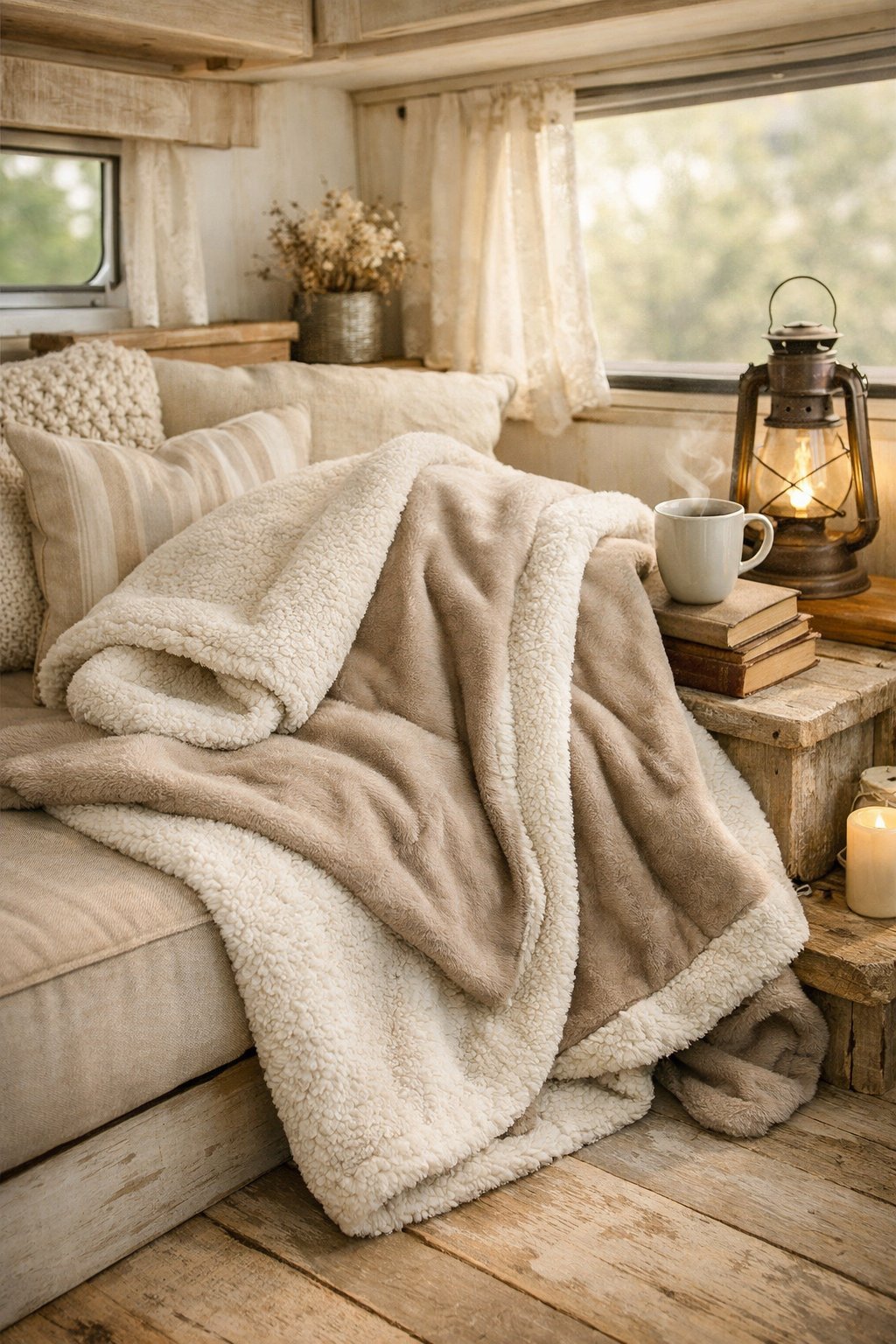 A cozy camper interior with a soft reversible throw blanket draped over a cushioned bench, surrounded by rustic decor and warm natural light.