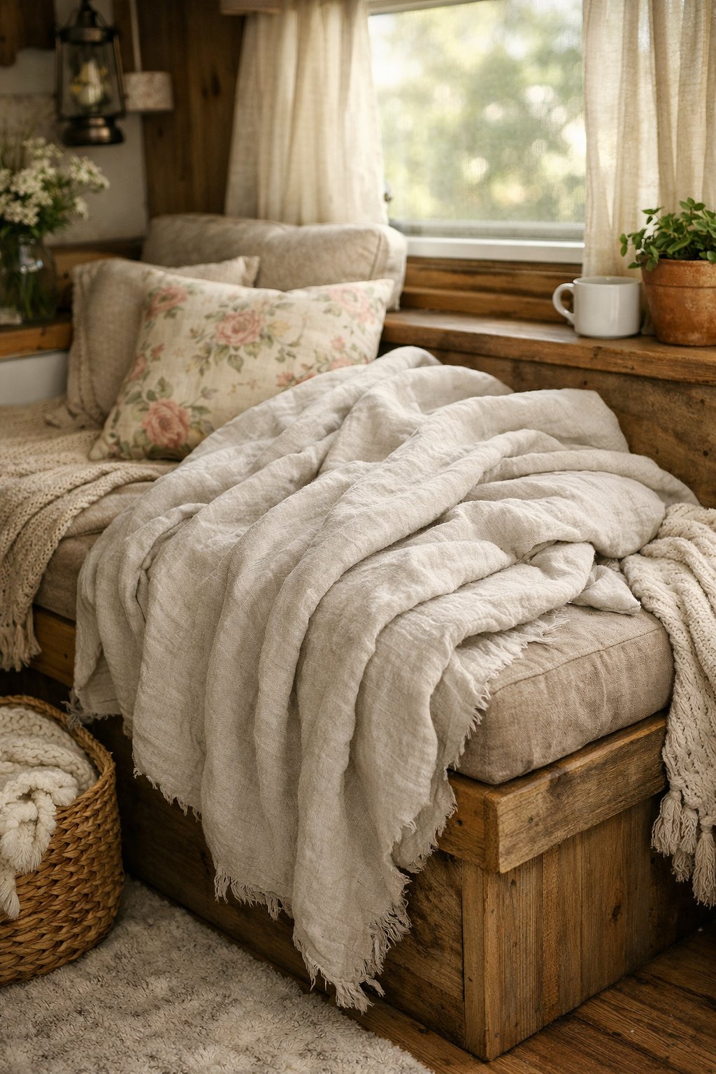 A cozy camper interior with a washed linen blanket draped over a wooden bench, surrounded by other soft throws and natural light coming through a window.