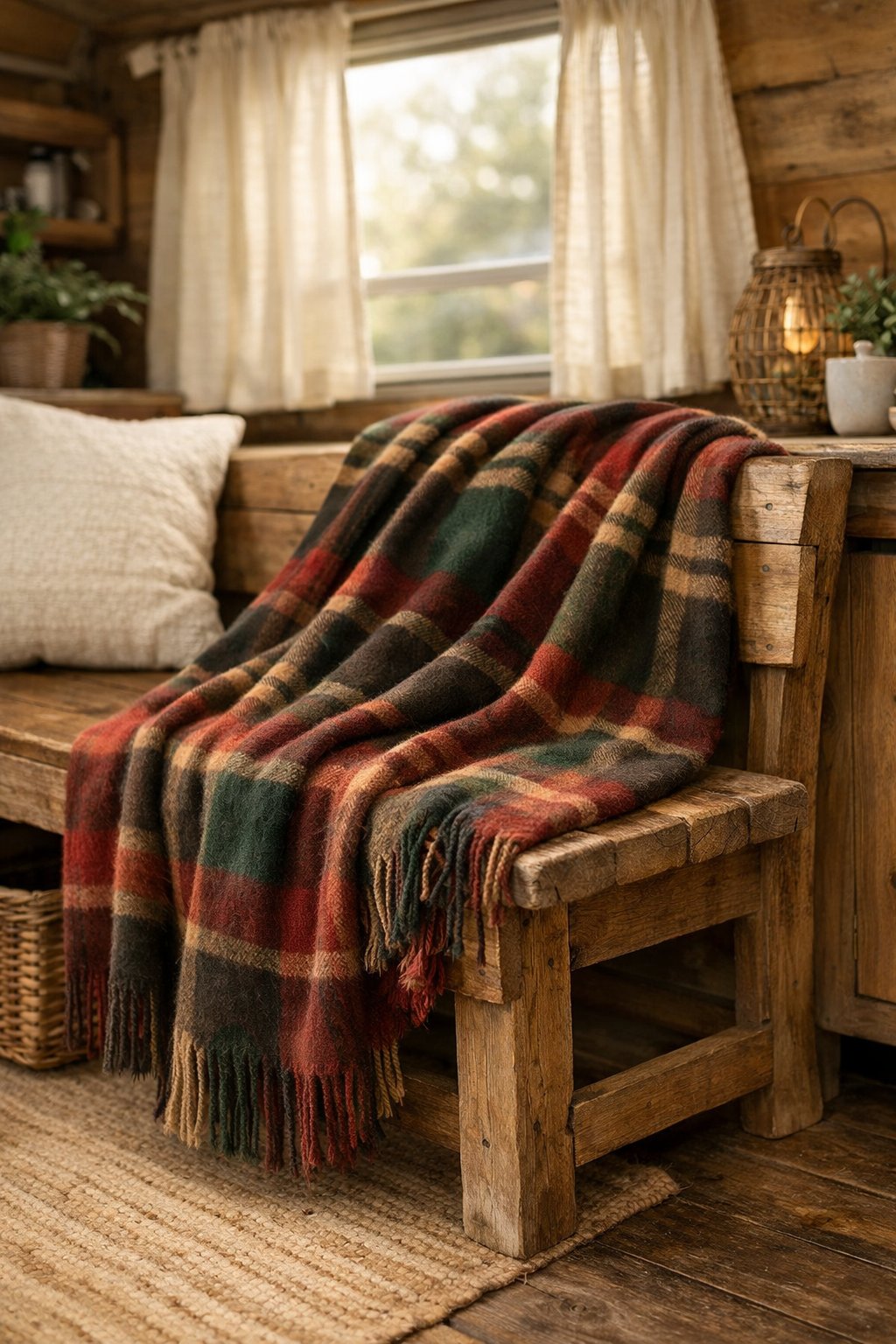 A plaid throw blanket draped over a wooden bench inside a camper with natural light and rustic decor.