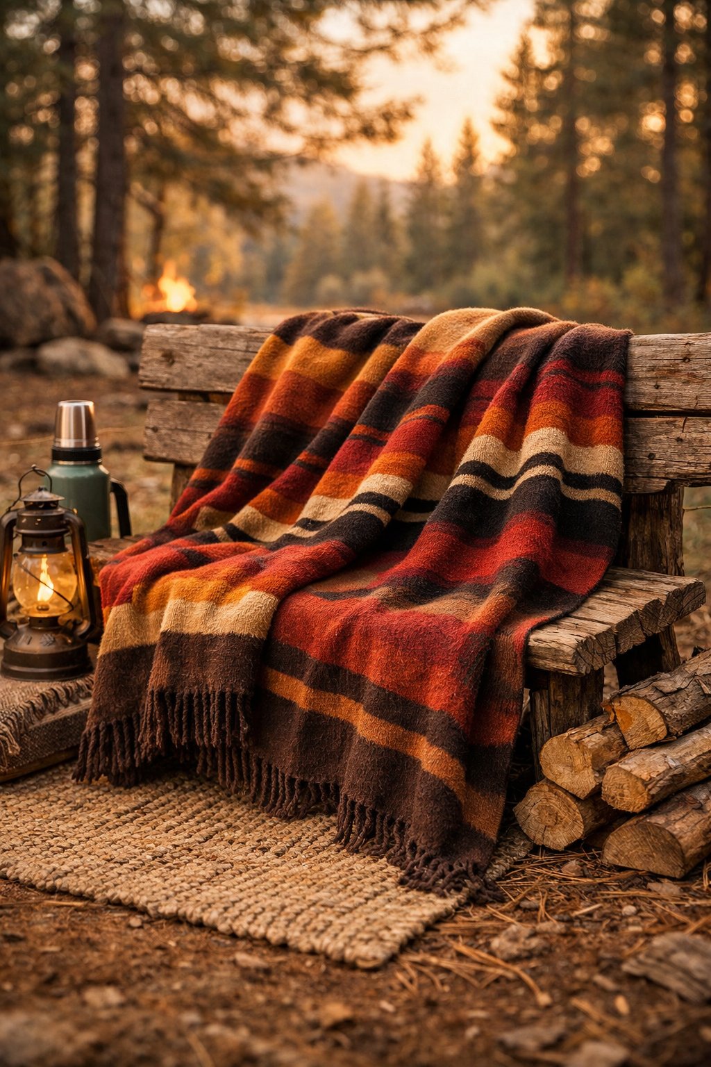 A cozy camping scene with a patterned throw blanket draped over a wooden bench surrounded by pine trees and camping gear.