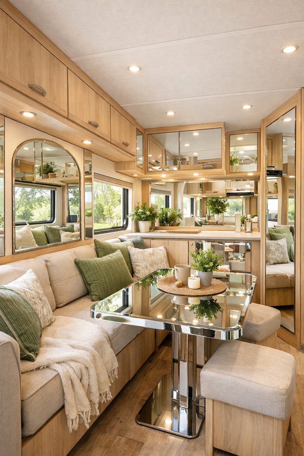 Interior of a camper with mirrors on walls and cabinets reflecting light, making the space appear larger and brighter.