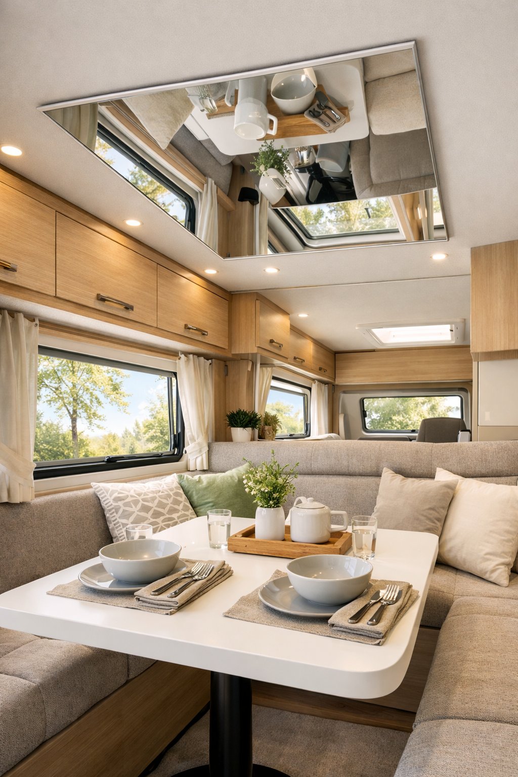 Camper dining area with a ceiling mirror panel above the table reflecting natural light and making the space feel bigger and brighter.