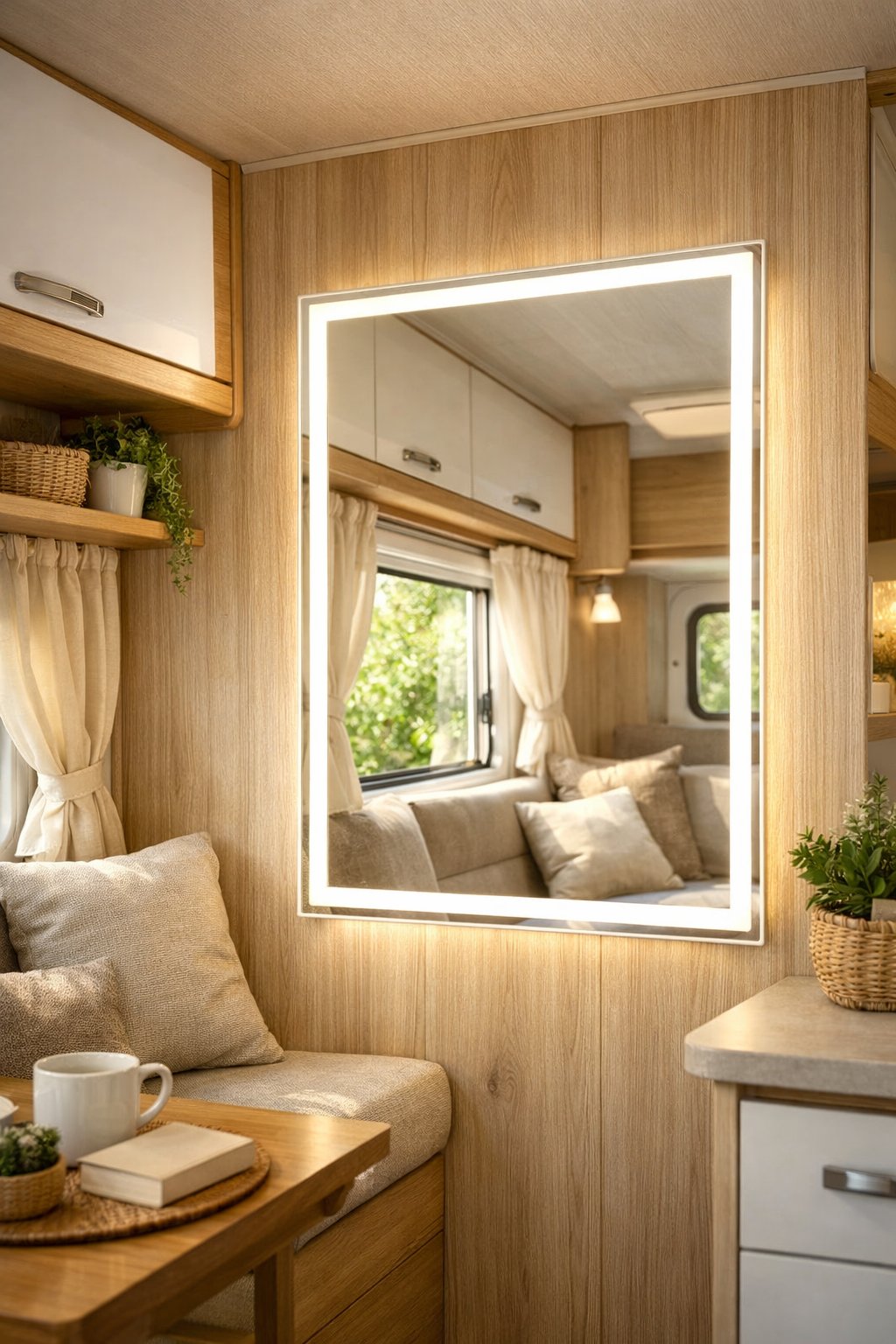 Interior of a camper showing a wall-mounted mirror with built-in LED lights reflecting natural light and brightening the space.